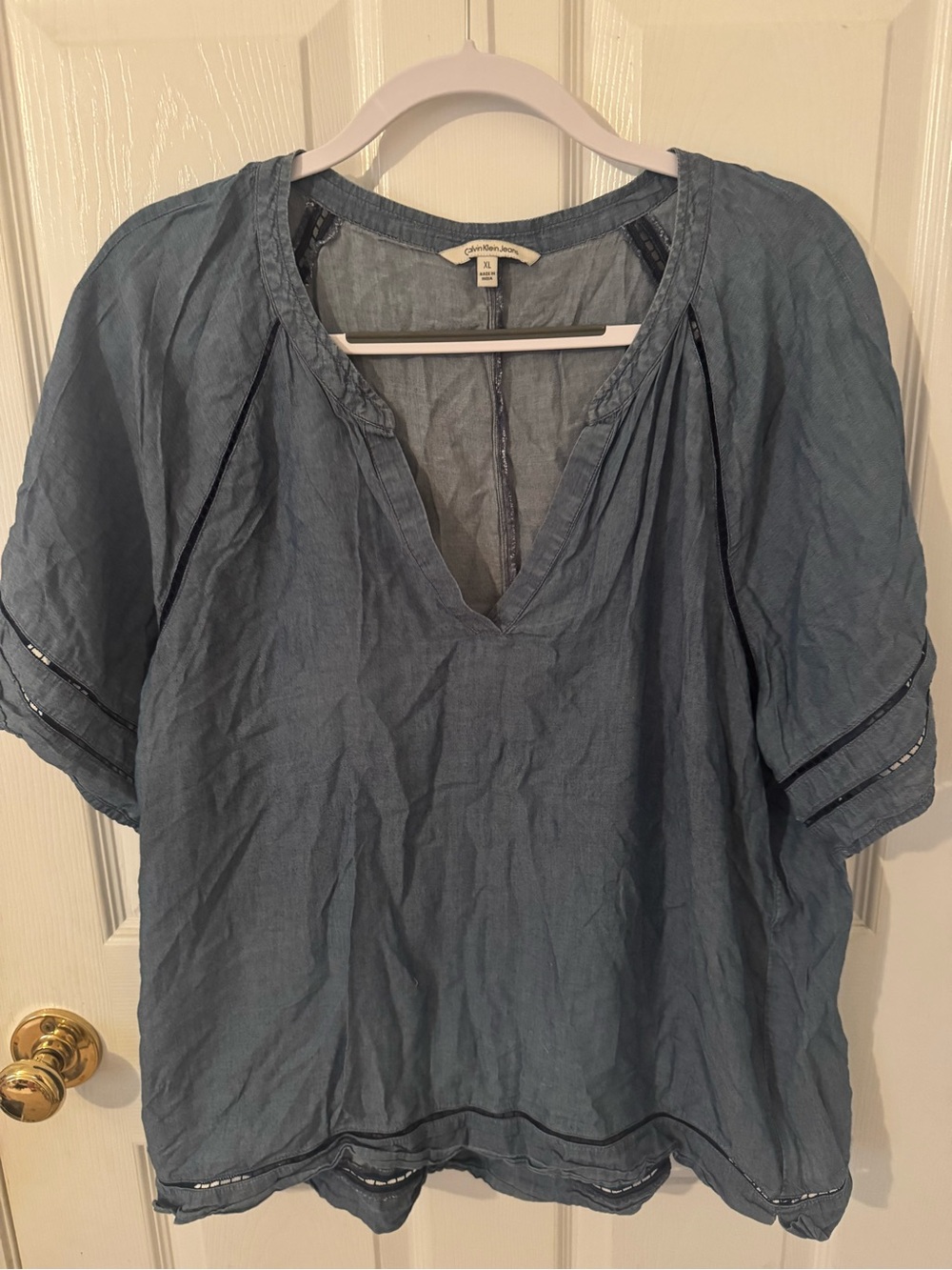 Calvin Klein Jeans dusty blue gauze V-neck peasant blouse